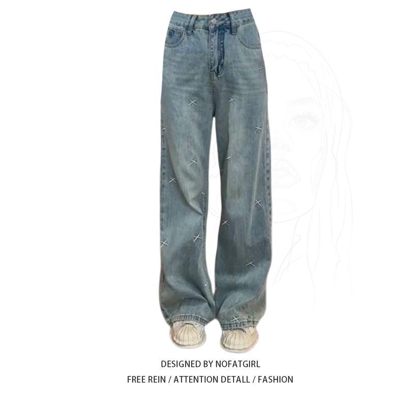 

Plus Size Plus Size Ladies American Retro Water-Washing Embroidery Denim Female Summer Easiest for Match Bootcut Trousers Mop Pants Wide-Leg Pants Embroidered Jeans M