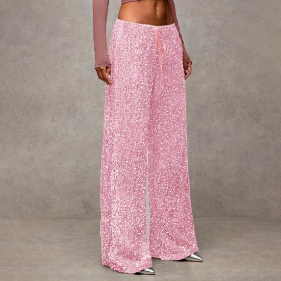 Dámské kalhoty s vysokým pasem a širokými nohavicemi, ležérní kalhoty se sekvenčním designem, elastický pas se stahovací šňůrkou, párty kalhoty