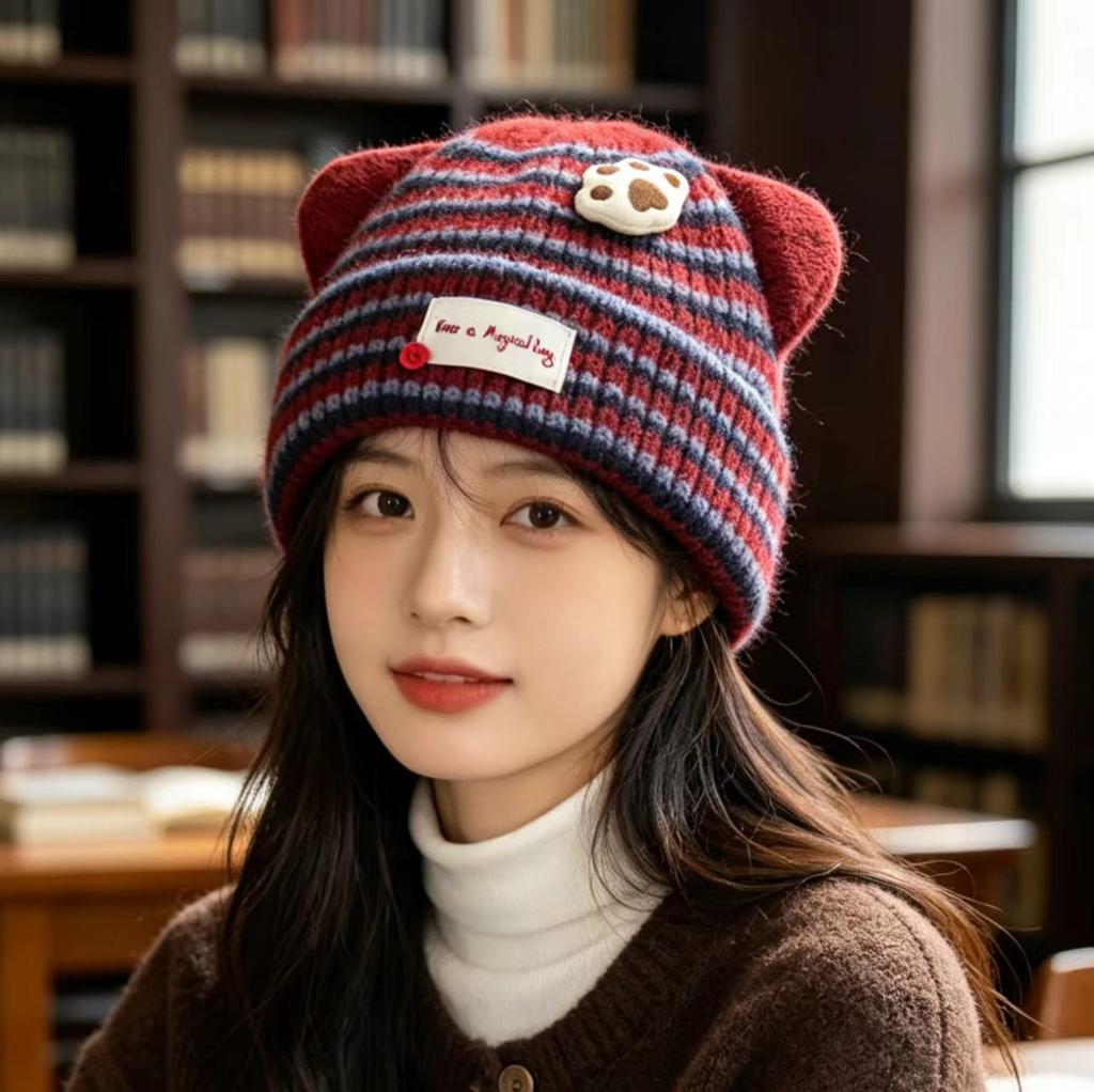 Cute cat paw striped knitted ear hat women's autumn and winter versatile face small wool hat pullover new