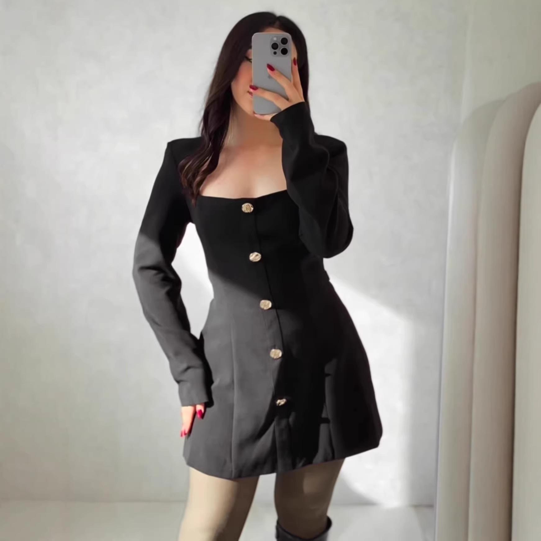 Women s Spring 2026 Long Sleeve Square Neck Short Dress L