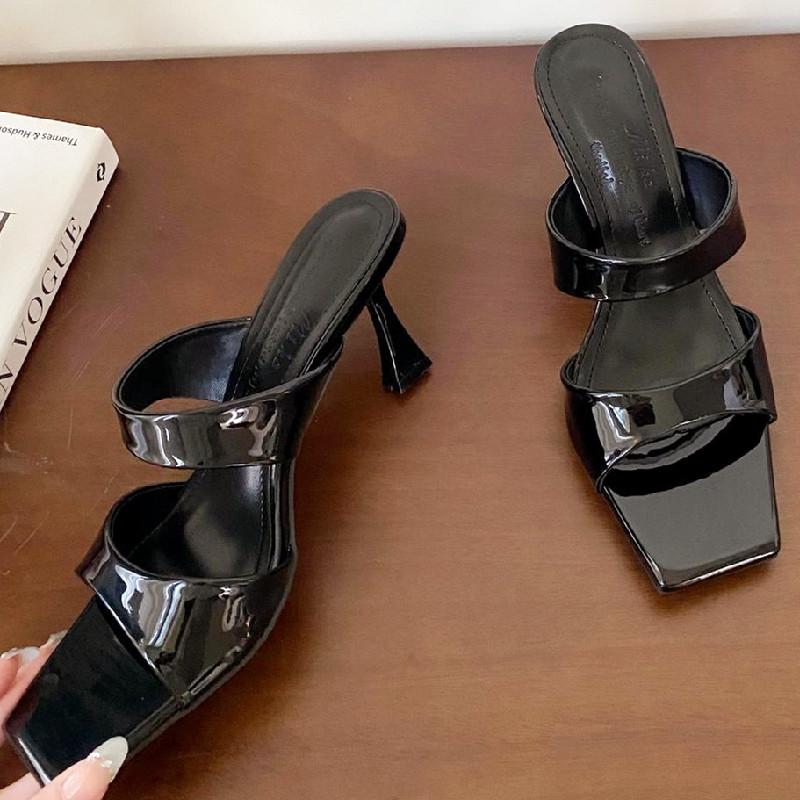 Fashion Square Toe Patent Leather Women Sandals Summer Open Toe Thin Heel Slide Sandals Elegant Simple High Heel Shoes for Woman