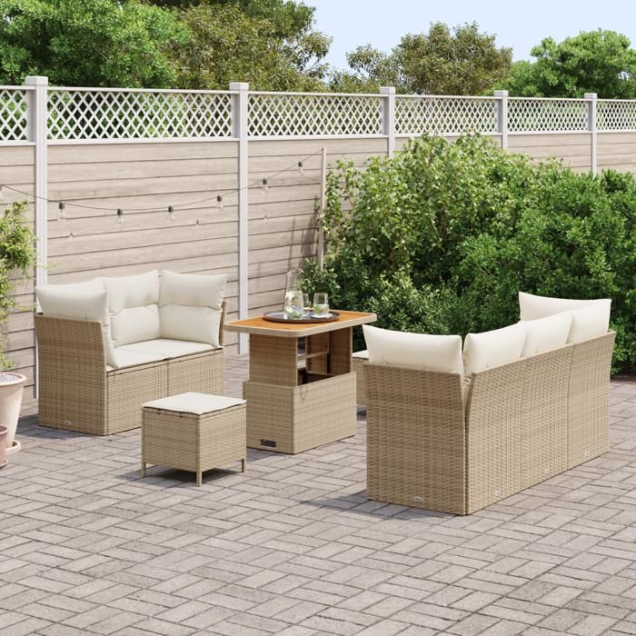 Set de Canapé de Jardin 8 Pièces vidaXL avec Coussins Beige Rattan Poly Acacia, Set de Salle à Manger de Jardin 3 Pièces 3361431