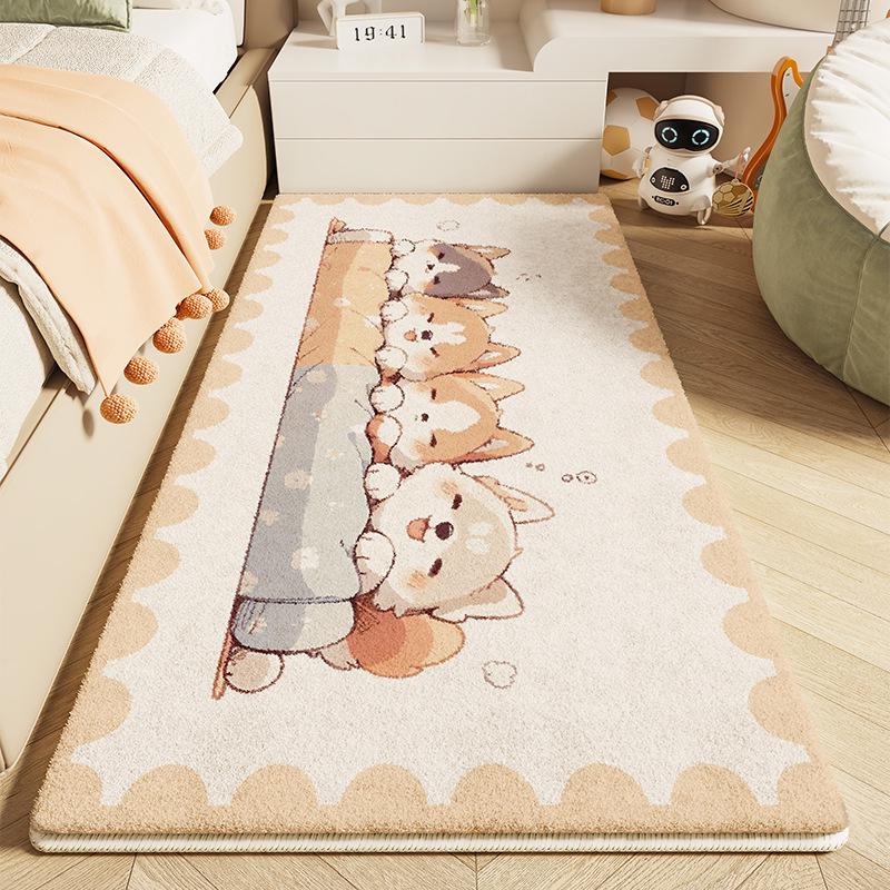 Dětský kreslený plyšový kobereček k posteli - Umělý kašmír, Roztomilá a zesílená podlahová rohož do dívčího pokoje.