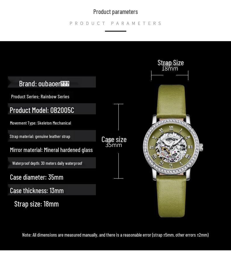 OUBAOER Women's Casual Mechanical Watch with Roman Numeral Dial, Waterproof Design