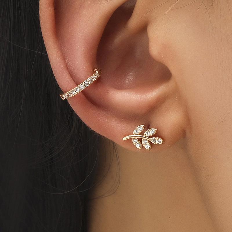 Women's Gold Diamond Ear Bone Clip, Non-Pierced, Geometric & Leaf Design, Japanese & Korean Style