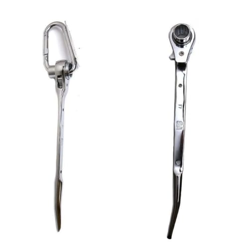 Warabi Ueda Ratchet Wrench, Double-Ended, with Spindle, 17 X 21mm, Long Curved, Fully Polished, Carabiner Attachable
