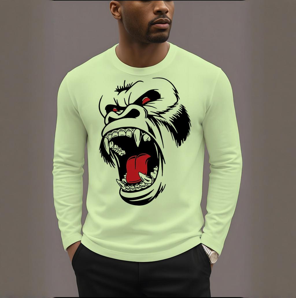 Men s casual fashion solid color gorilla pattern long-sleeved round neck T-shirt men s spring and autumn thin comfortable top S