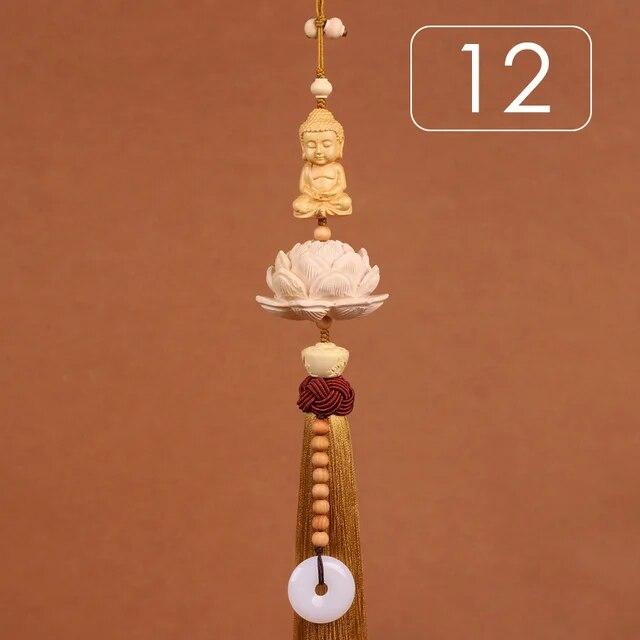 Chinese Style Lucky Fu Wooden Carved Lotus Buddha Statue Pendant Creative Gift Home Car Hanging Accessories Decor Auto Interior