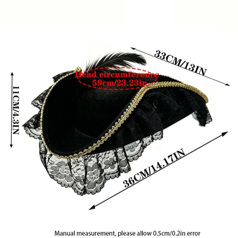 Stylish Black Pirate Hat With Lace And Feather Detail Halloween Cosplay Hat Perfect For Costume Parties