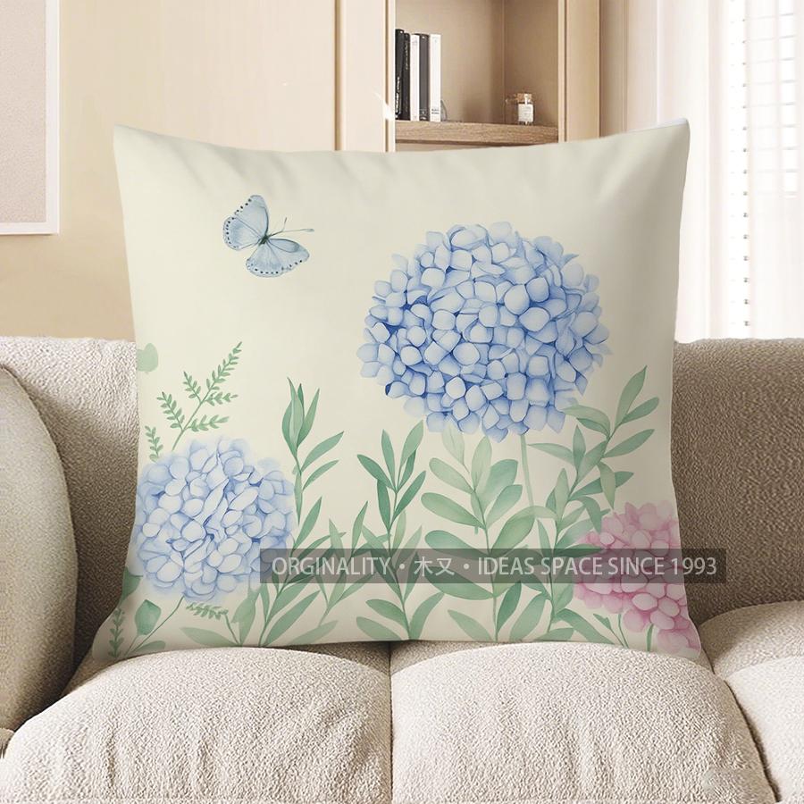 Home Decor Blue Hydrangeas & Butterfly Decorative Pillow Pattern Cushion Cover Suitable For Sofa Bedroom Car Pillow Cover 40x40cm