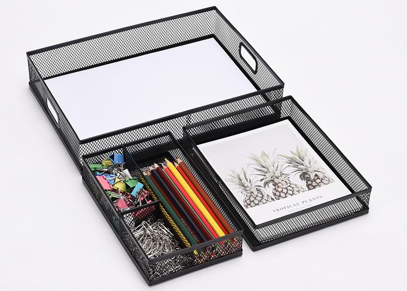 Set of 3 Metal File Holders with Multi-Compartment Cutlery Trays for Desktop Organization