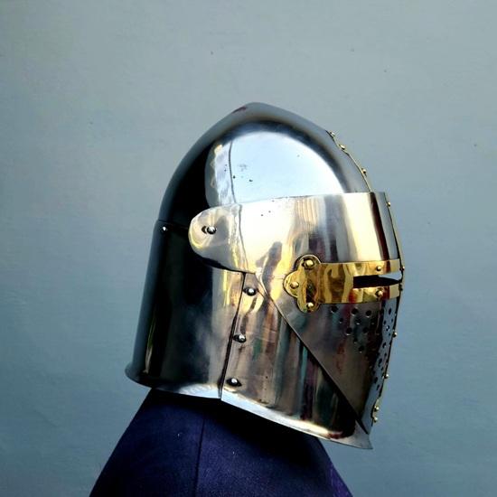 Steel Templar Knight Helmet, Brass Cross Crusader Armor, Medieval Warrior Costume Gift