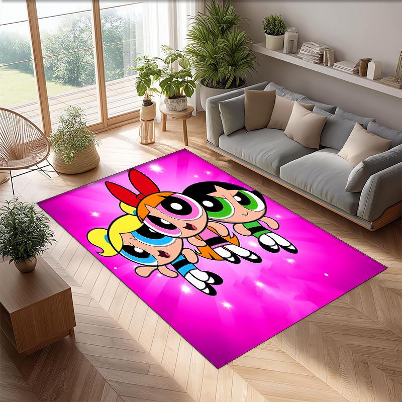 The Powerpuff Girls Printed Crystal Velvet Area Rug, Soft Anti-Slip Water Absorbent Floor Mat for Living Room Bedroom