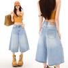 Trendy Summer Hot Girl Style Versatile Streetwear Wide Leg Denim Cropped Capri Pants Loose Straight Slimming Daily Outfit