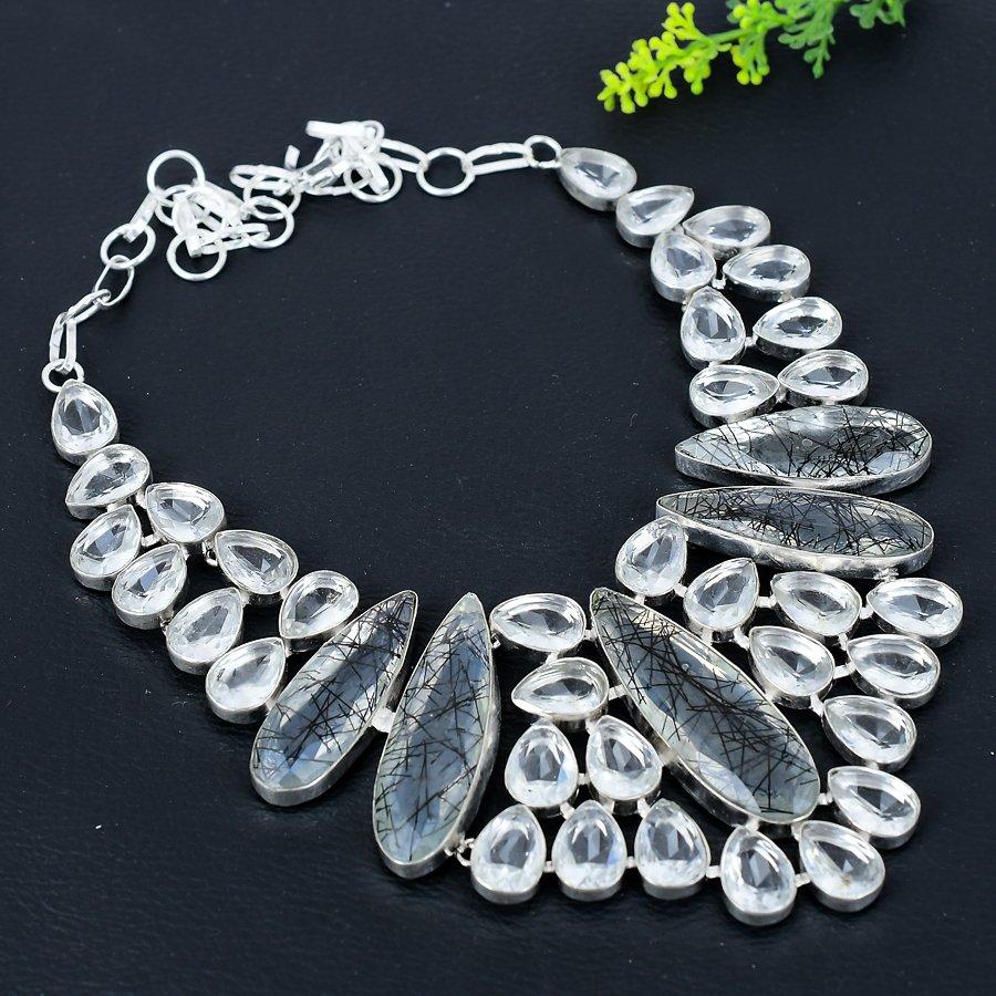 Black Rutile, White Topaz Gemstone 925 Sterling Silver Jewelry Necklace 18"
