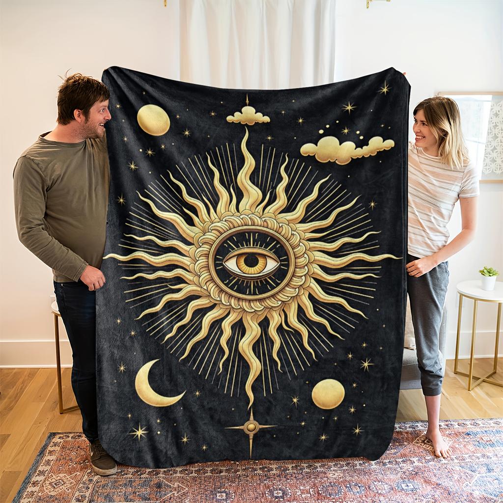 1pc Bohemian Sun & Celestial Fleece Blanket - Black & Golden All-Season Luxury Throw, Soft Breathable 100% Polyester with HD Dig
