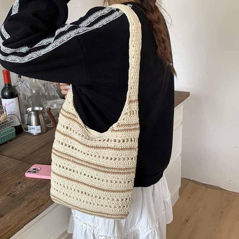 New Color Matching Woven Bag Large Capacity Simple Portable Shoulder Bag Fashionable Commuter Vacation Beach Bag