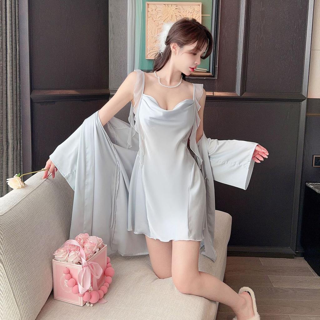 Sexy pajamas women Ice Ribbon chest pad Ruth with the same new mesh suspender nightgown nightgown outside