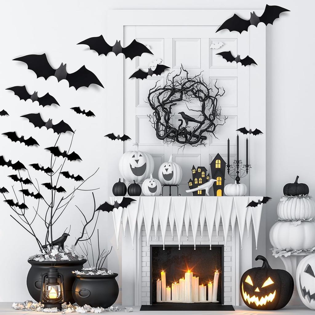 Bats Halloween Wall Decor - 81 Pcs Reble 3D PVC Decorative Wall Bats with Double-Sided Adhesive