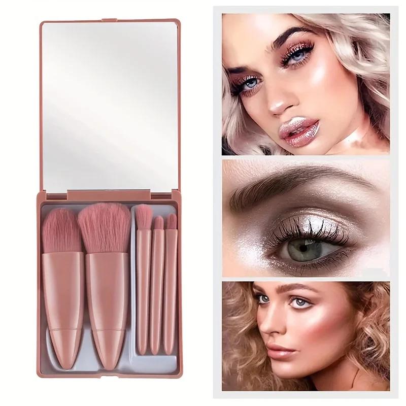 5-Piece Mini Makeup Brush Set with Mirror - Makeup Case with Mirror, Foundation Brush, Eyeshadow Brush, Foundation Blush Brush