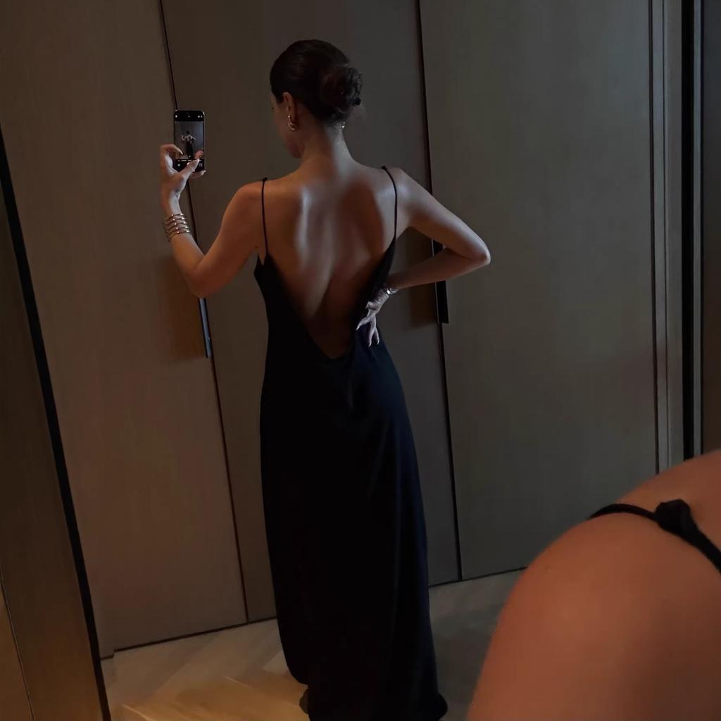 European and American Women's Clothing Summer New Sexy Backless V-neck Slim-fitting Split-fork Long Suspender Dress