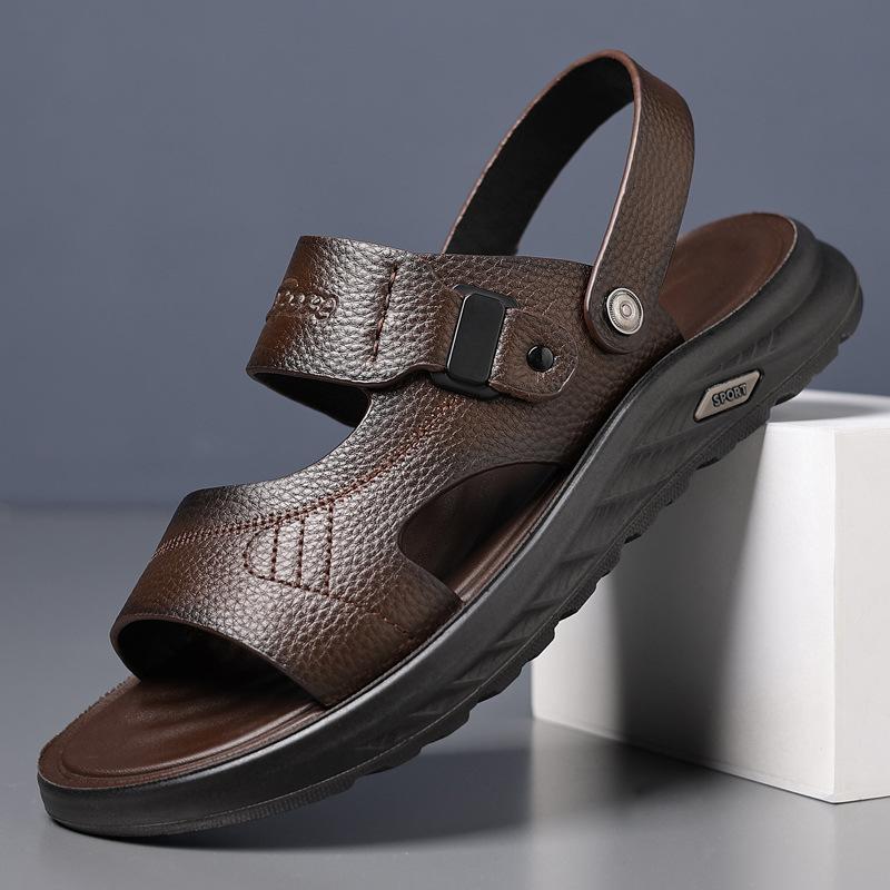

Men s sandals summer first layer cowhide cool slippers men s non-slip one-pedal soft-soled outdoor beach shoes 44 коричневый