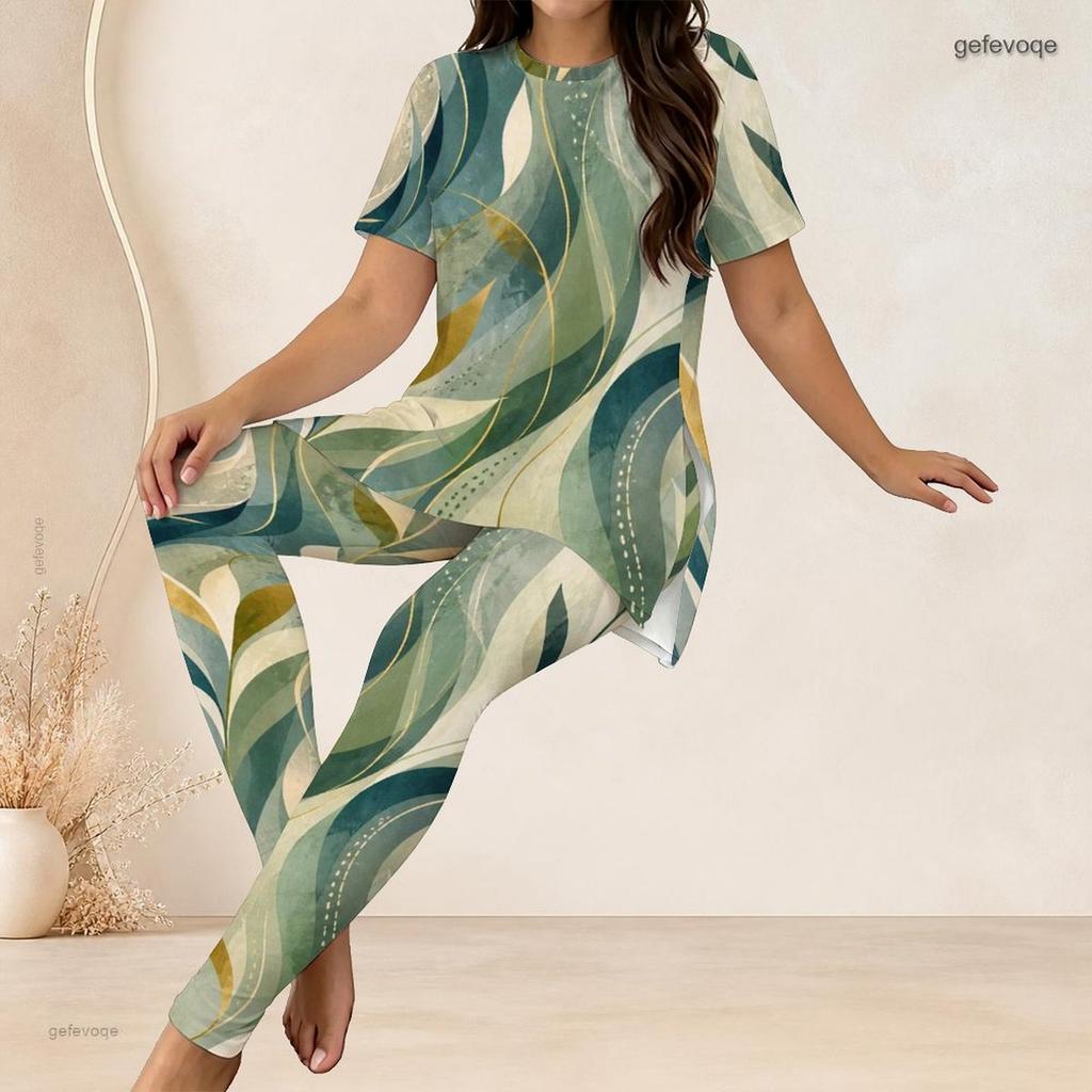 Women Plus Size Green Abstract Printed Two Piece Set Round Neck Short Sleeve Top Fitted Long Pants