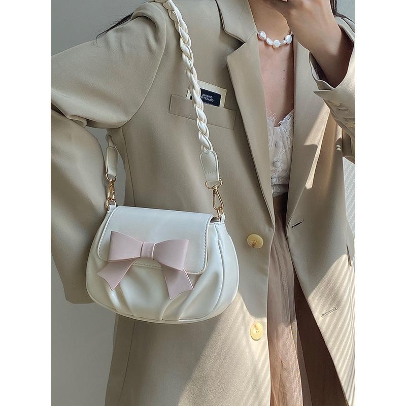 Summer Sweet and Cute Bow Small Round Bag, Pleated Cloud Bag Soft Shoulder Messenger Bag Women