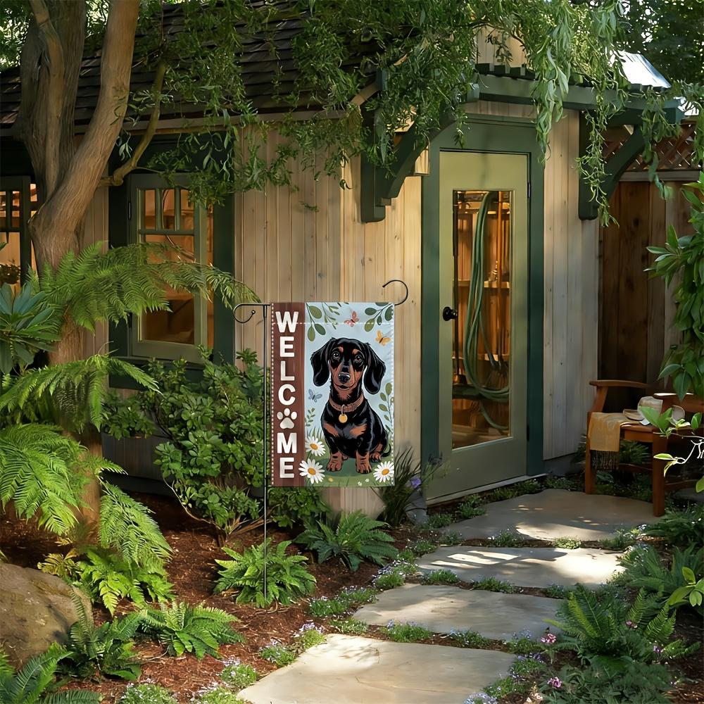 1pc Welcoming Floral Dachshund Garden Flag - 30.48x45.72 Cm, Outdoor Yard Decor