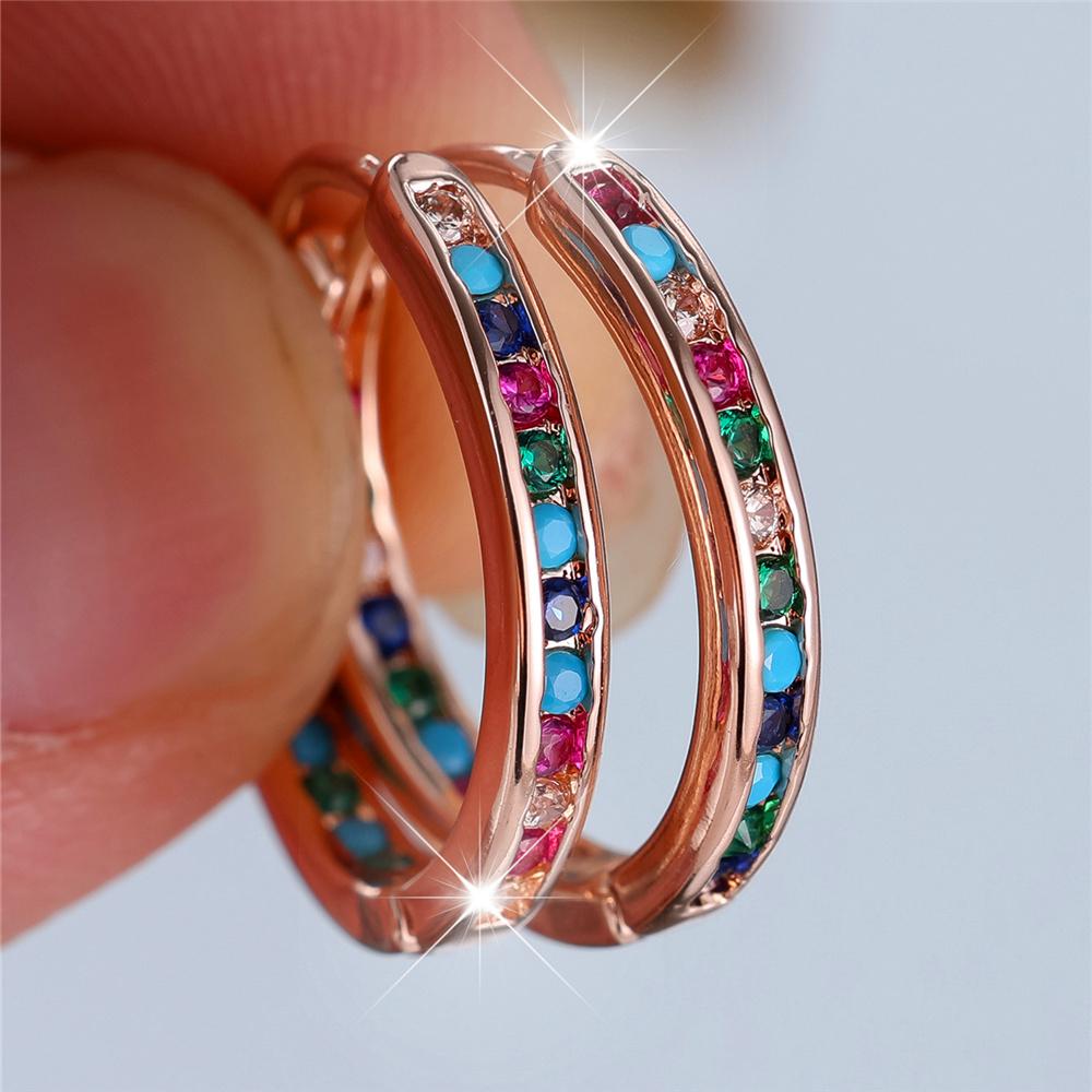 Cute Female Rainbow Zircon Stone Round Hoop Earrings Fashion Silver Color Wedding Jewelry For Women