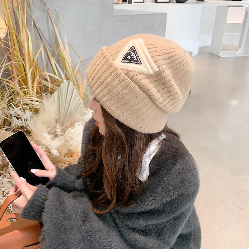Triangle standard embroidered knitted hat men's and women's casual big head circumference wool hat autumn and winter warm face small hat