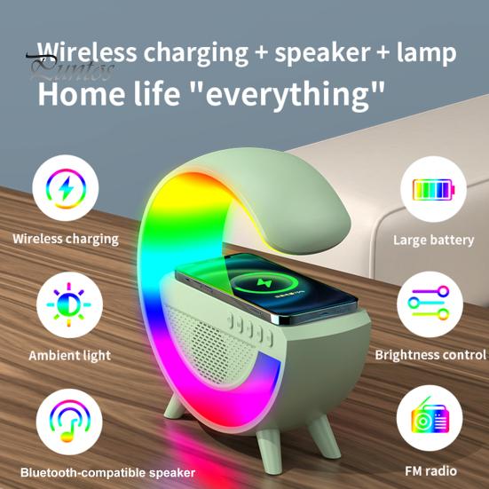 

Беспроводное зарядное устройство. Динамик с синхронизацией музыки. G-образный дизайн. Яркая светодиодная подсветка. Многофункциональная совместимость с Bluetooth.