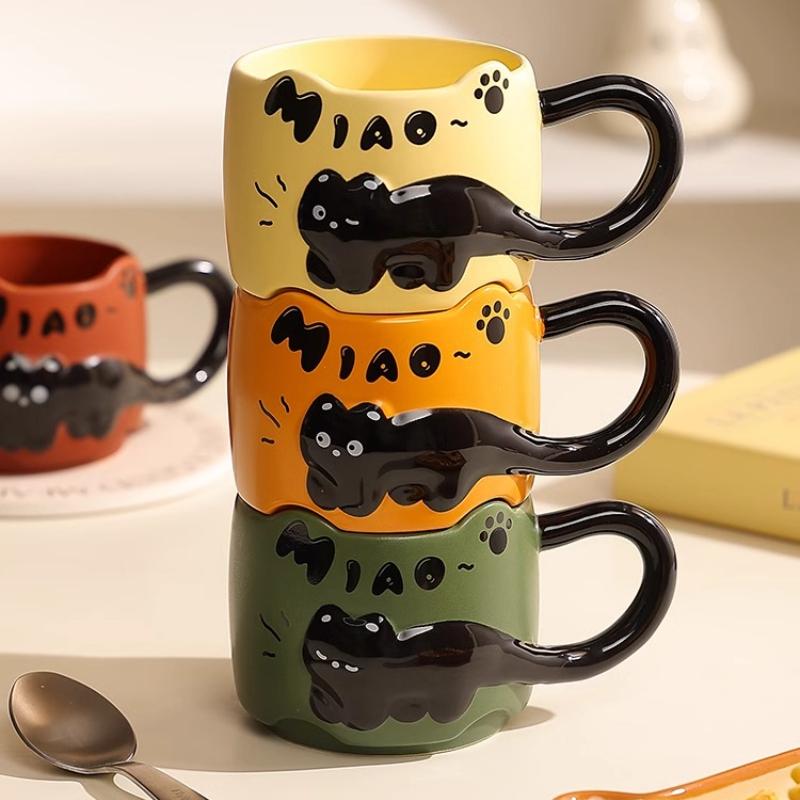 Embossed Kitten Cup Girl's High-value Mug Cute and Creative Couple's Water Cup Ceramic Office Coffee Cup
