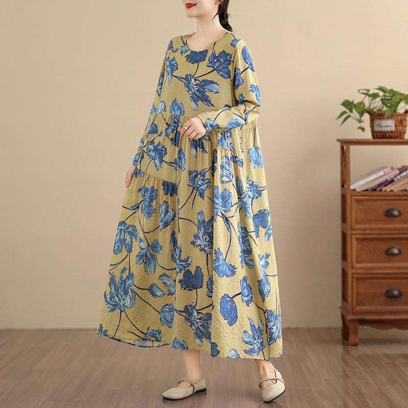 DIMANAF New 2026 Women Long Dress Plus Size Spring Summer Vintage Loose Oversize Long Sleeve Maxi Floral Print