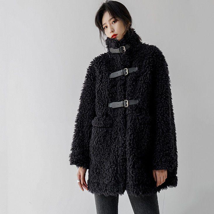 Black Lamb Wool Coat for Women's Autumn and Winter High-necked Temperament, Thin and Thickened Imitation Fur Long-haired Coat