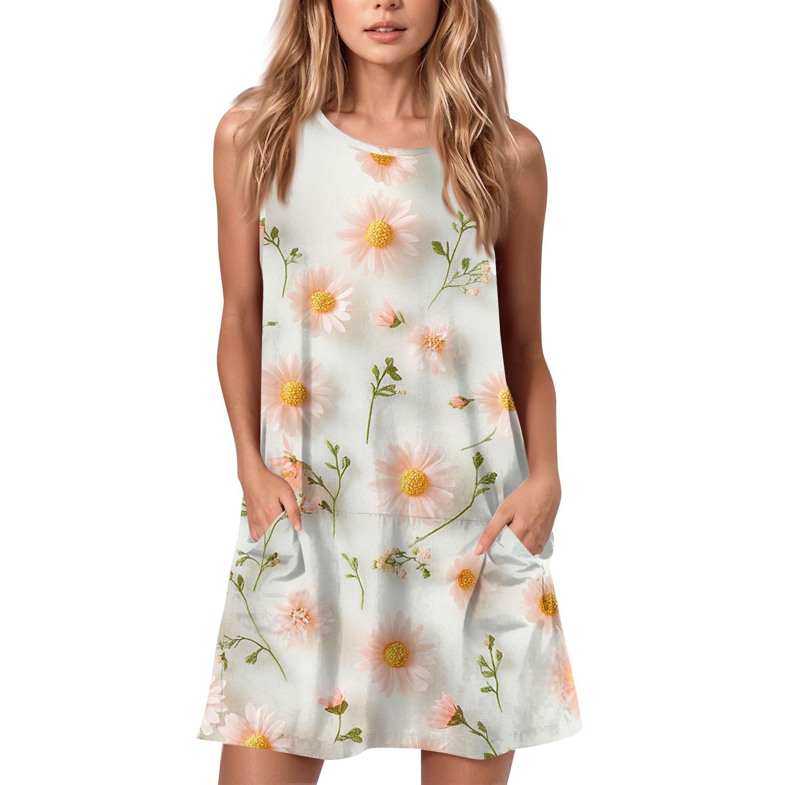 

Женское летнее повседневное платье с круглым вырезом и принтом, платье без рукавов с карманами L