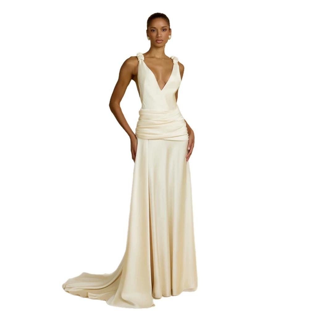 Deep V Twisted Shoulder Satin Dress, European and American Style Waist and Thin Tail Style Banquet Atmosphere Dress Women