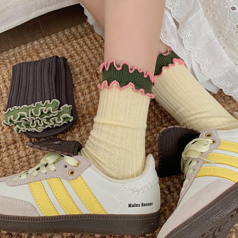 Κάλτσες Βαμβακερές Ρετρό Γλυκές και Χαριτωμένες Χρωματικές Αντιστοιχίσεις Δαντέλα Μέσης Κάλτσες Στοίβαξης
