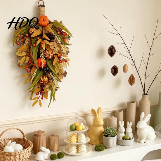 Autumn Door Swag Artificial Fall Teardrop Swag, Faux Pumpkins Berries Pinecones Leaves Easy Hanging Harvest Wreath for Thanksgiving Front Wall