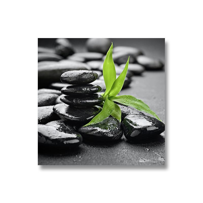 Schwarzer Zen-Stein, Leinwandmalerei, Wandkunst, grüne Blätter, Wandbilder, Wasser-Spa, Poster und Drucke für Wohnzimmer, Wohnkultur