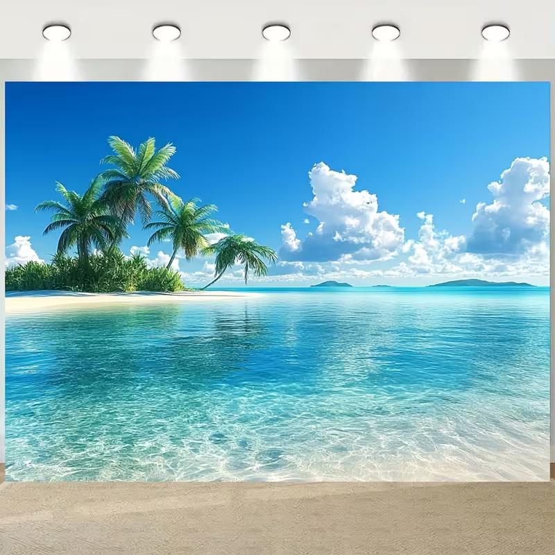2D Ocean View Banner, Clear Blue Water and Tropical Palm Trees