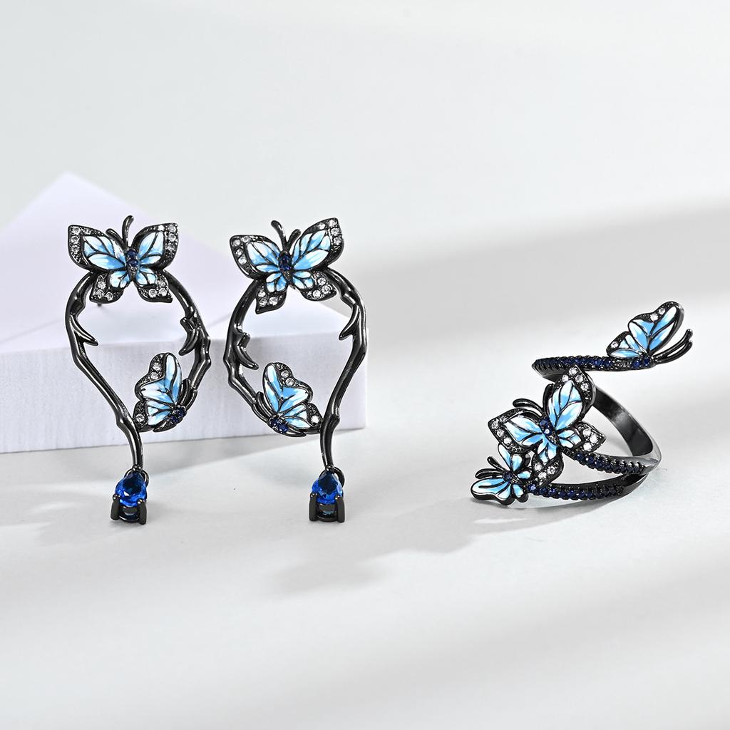Three Butterflies Epoxy Black Gold Ring Creative Detachable Butterfly Stud Earrings Set For Women