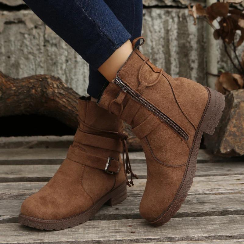 Women's Round-toe Side Zipper Low-heeled Plus-size Ankle Boots Flat Sole Buckle Suede High-top Shoes Retro Casual Shoes