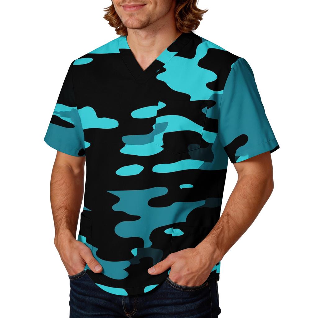 Mens Short Sleeve V Neck Scrub Top Camouflage Printed Pullover Uniform Shirt with Chest Pocket for