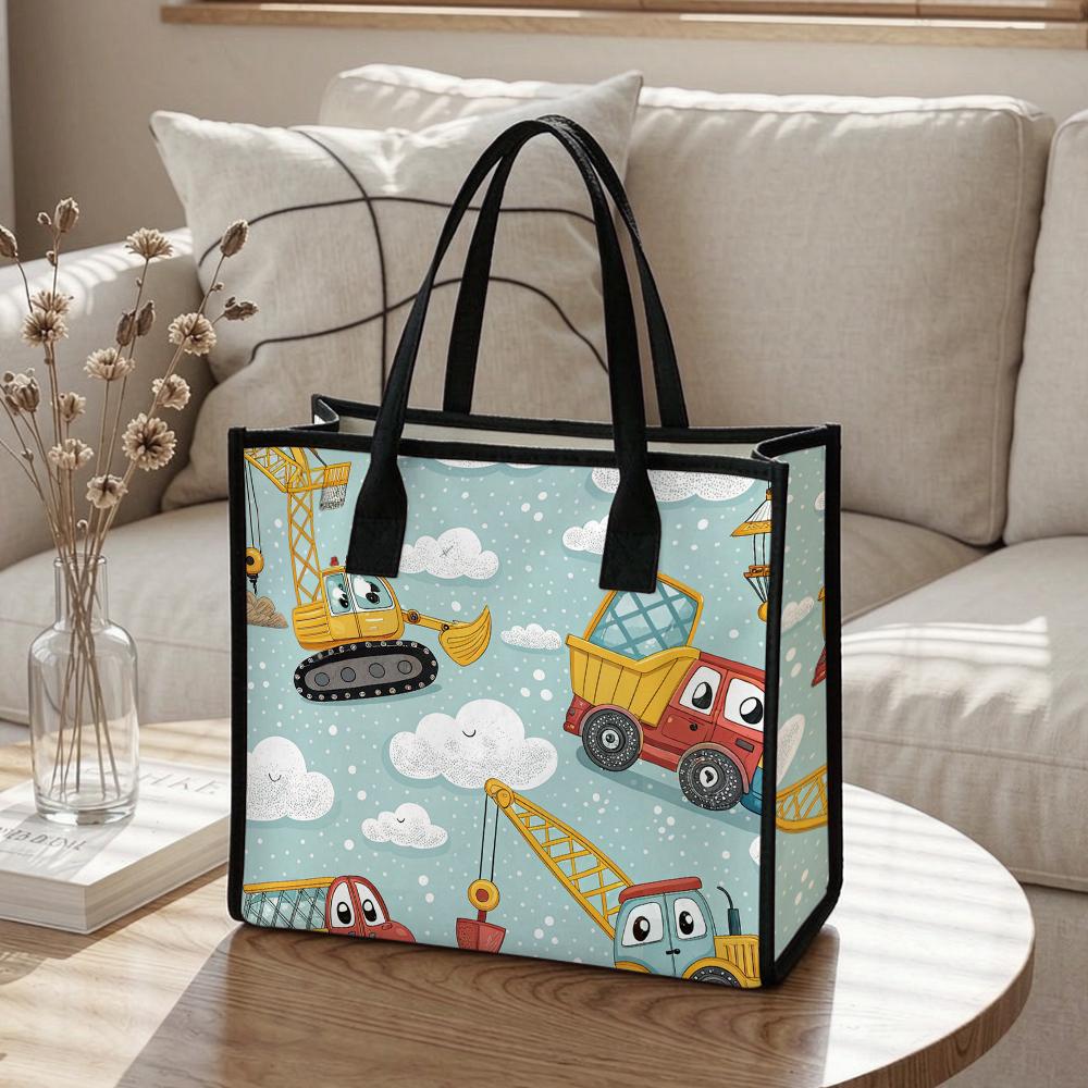 Cute Cartoon Construction Vehicles Tote Bag Portable Lightweight Reusable Daily Carry Bag for Outgoing Shopping