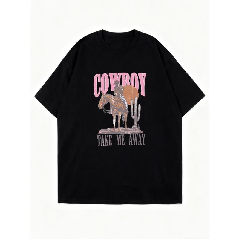 Oversized T Shirt Black Cowboy Take Me Away Graphic Print Western Theme Casual Wear For Women Summer Outfit Streetwear Fashion