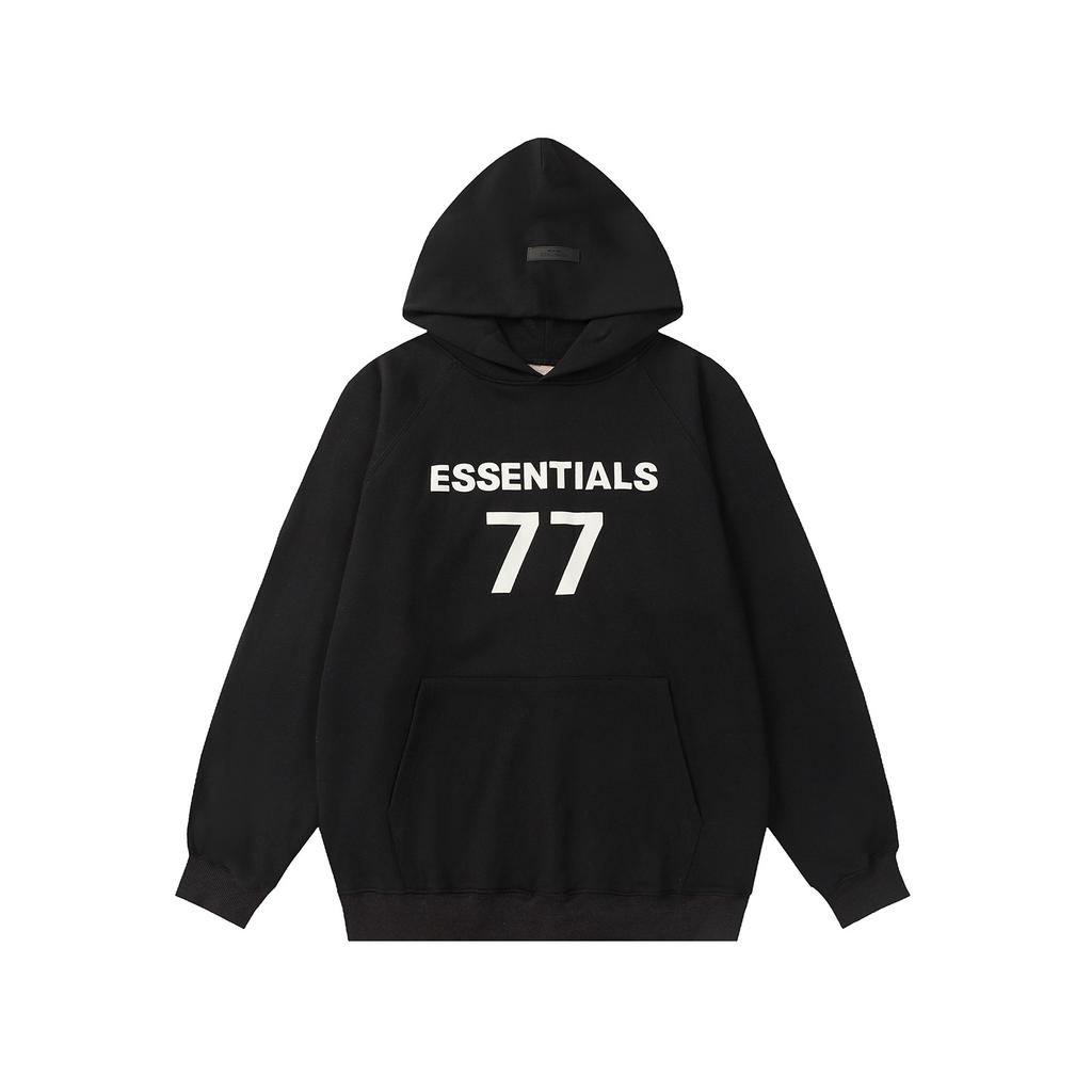Cross-border Trendy Brand ESSENTIALS Number 77 Flocked Print Hooded Fleece-lined Hoodie Casual Plus-size Hoodie