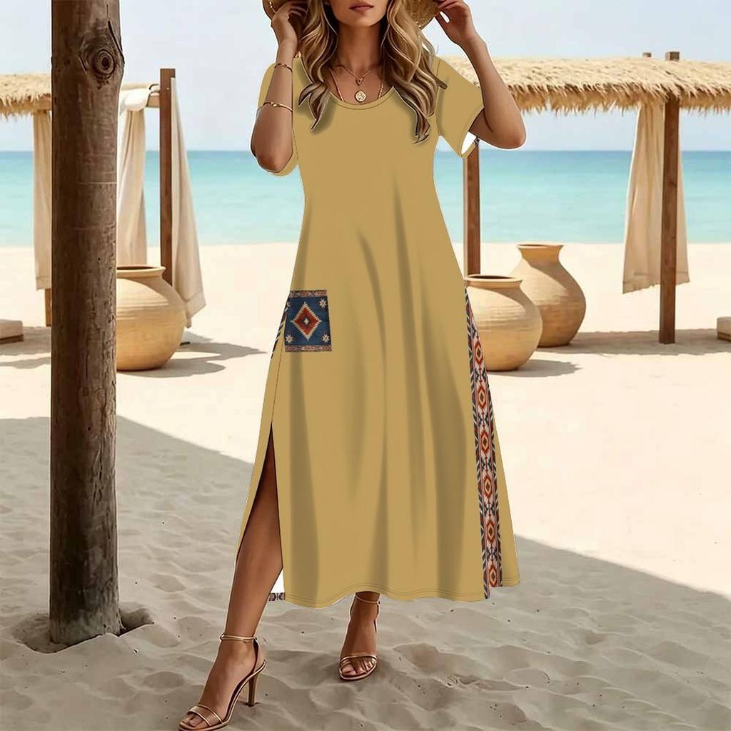 Women Fashion Round Neck Colorful Splicing Printed Short Sleeve Side Slit Dress Casual Vacation Dress Long Loose Dress