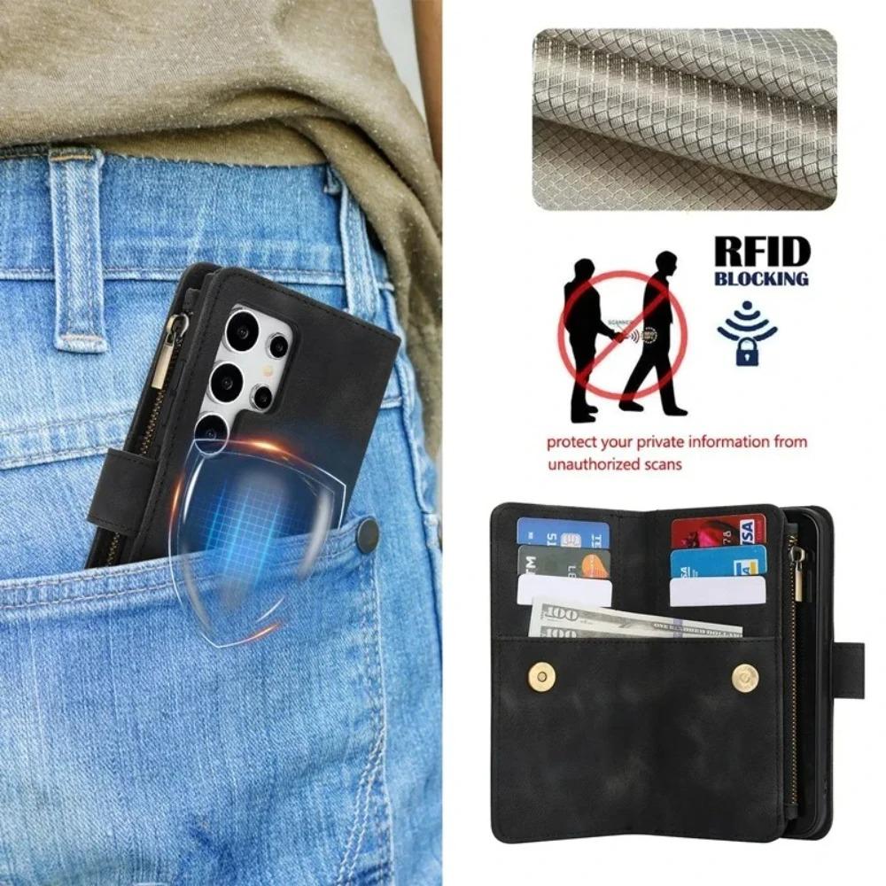 Luxury Leather Phone Case for Samsung Galaxy S26 Ultra S25 Edge S24 Plus S23 FE S22 S21 S20 Note 20 Hand Strap Card Wallet Cover