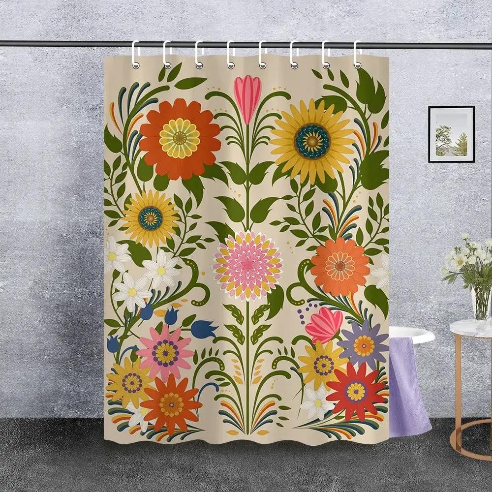 Vintage Garden Art Floral Shower Curtain, Heavy Weight Fabric, Washable Bath Curtains For Bathroom